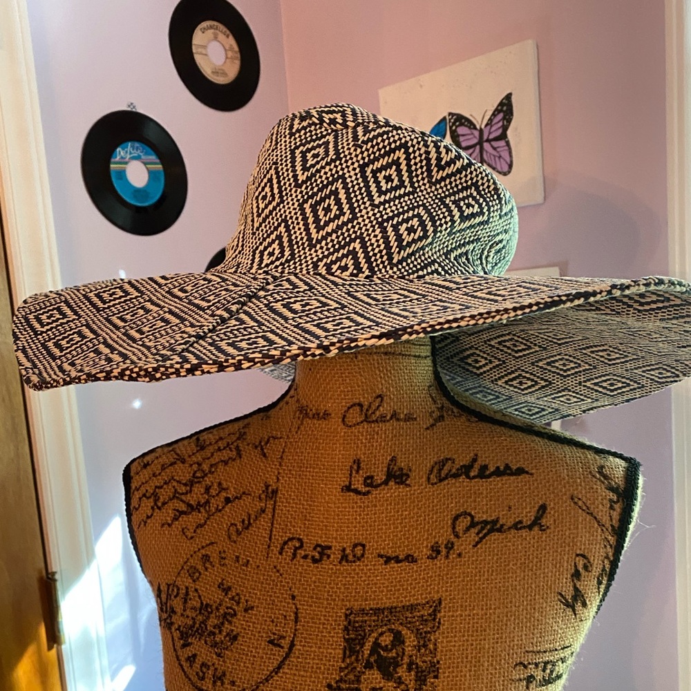 Blue and white floppy derby hat